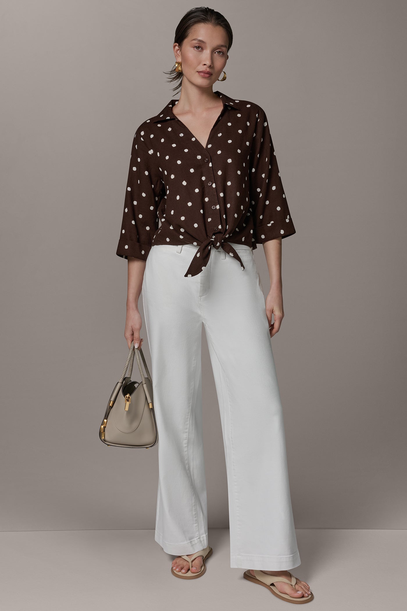 ELBOW SLEEVE POLKA DOT TIE FRONT BLOUSE