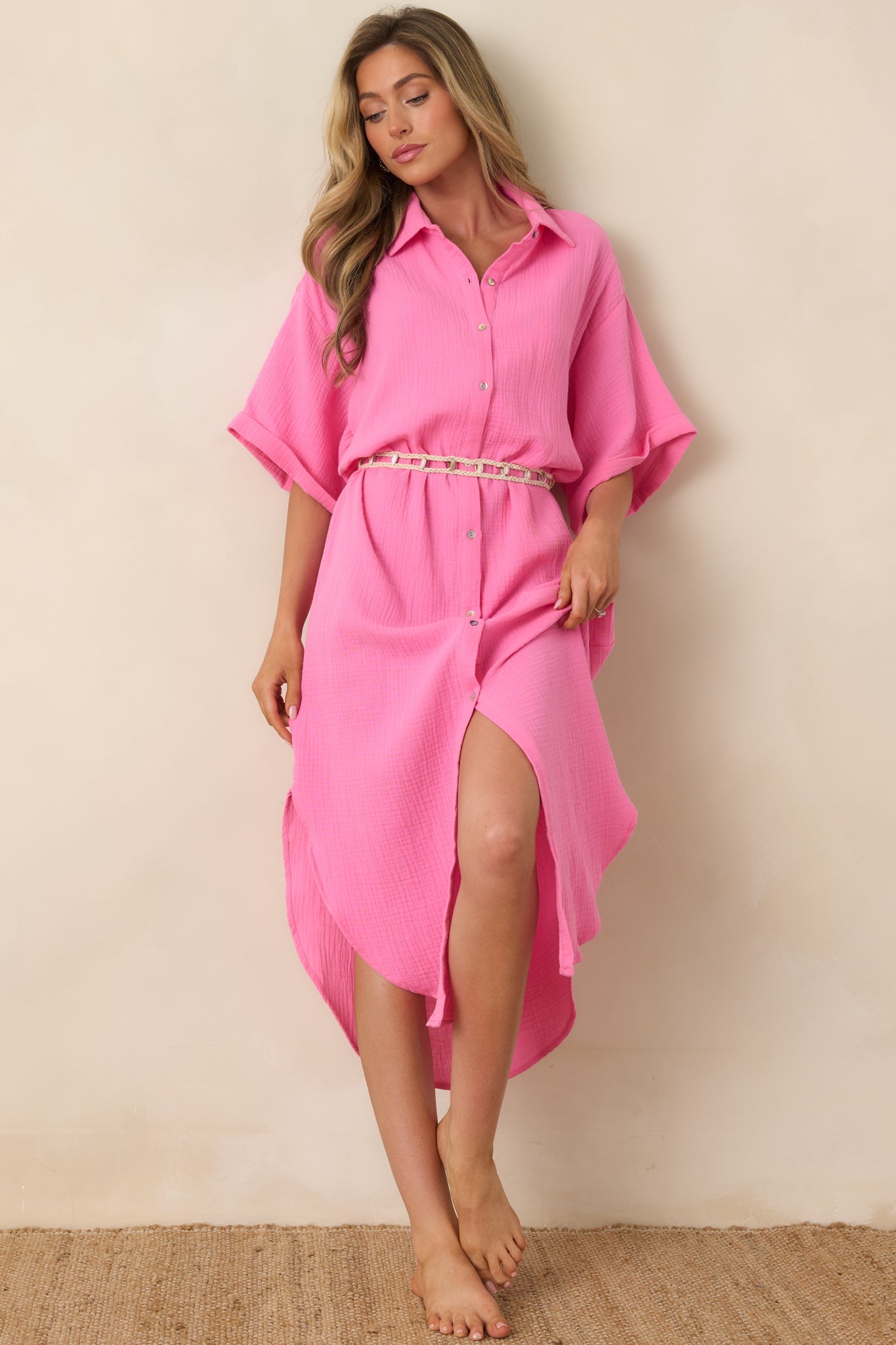 Paradisa St. Augustine Pink Cotton Belted Shirt Dress (RESTOCK JUNE)