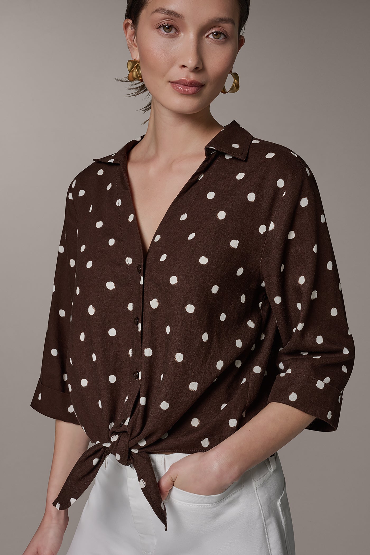 ELBOW SLEEVE POLKA DOT TIE FRONT BLOUSE