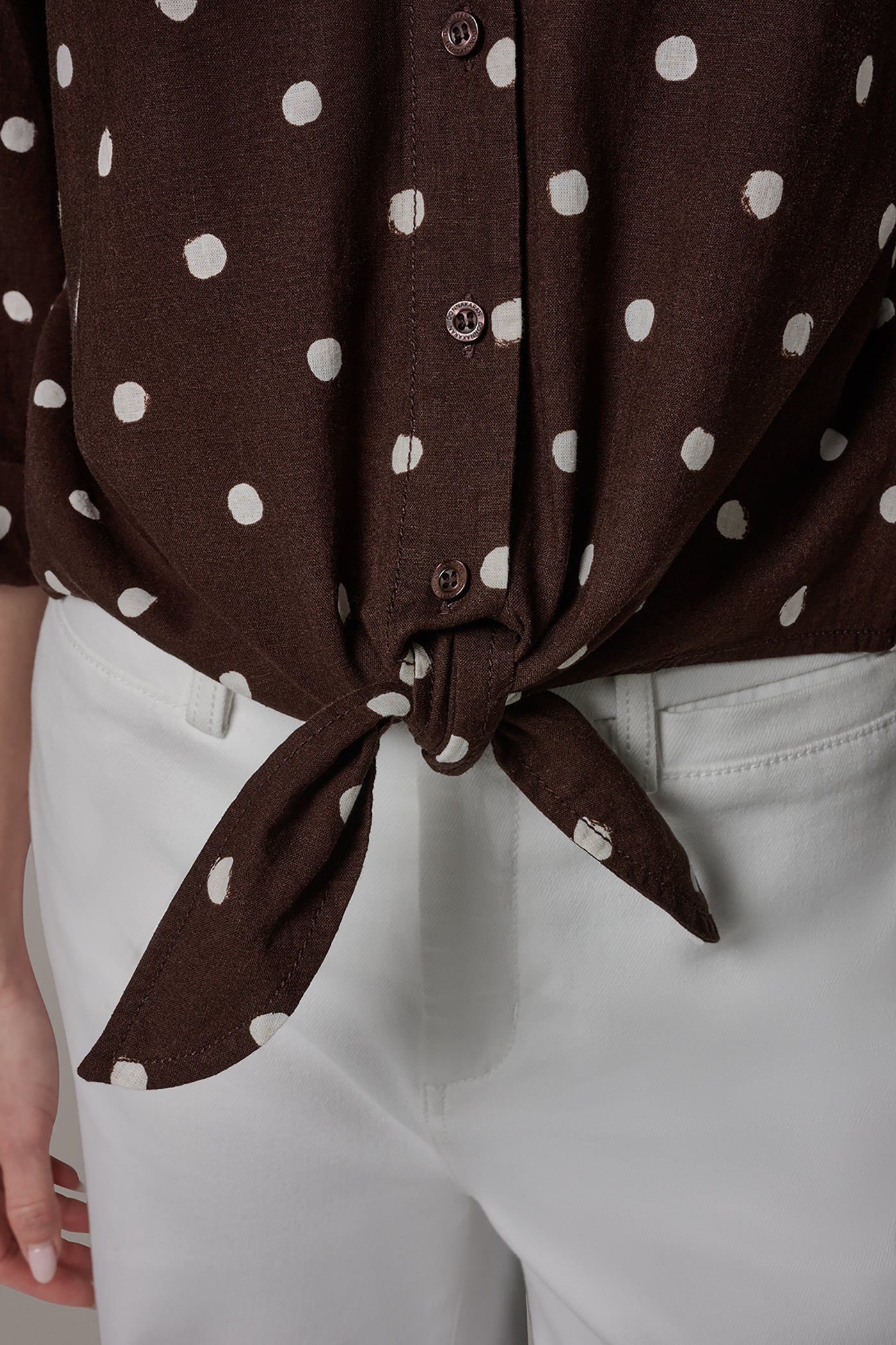 ELBOW SLEEVE POLKA DOT TIE FRONT BLOUSE