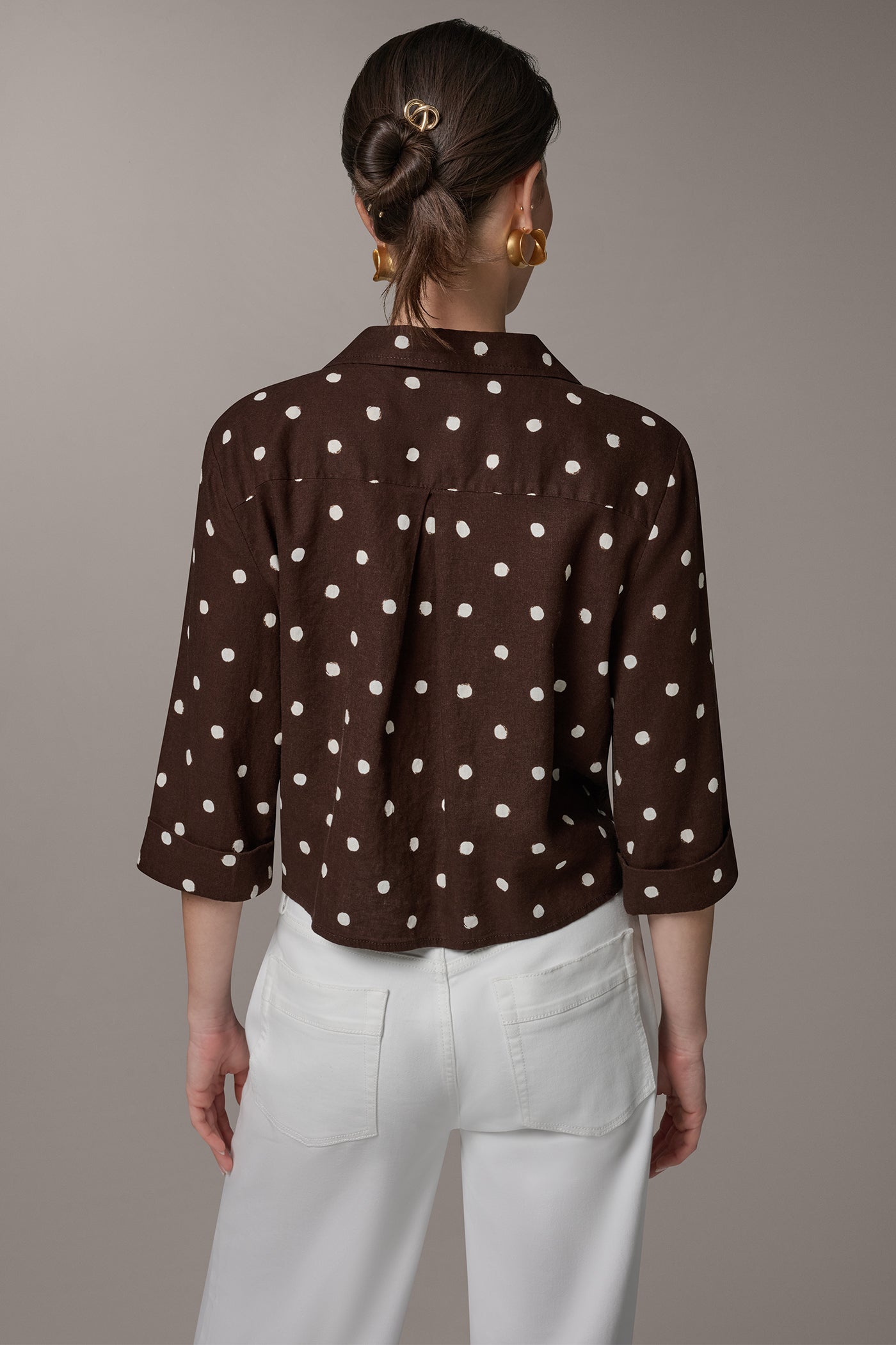 ELBOW SLEEVE POLKA DOT TIE FRONT BLOUSE