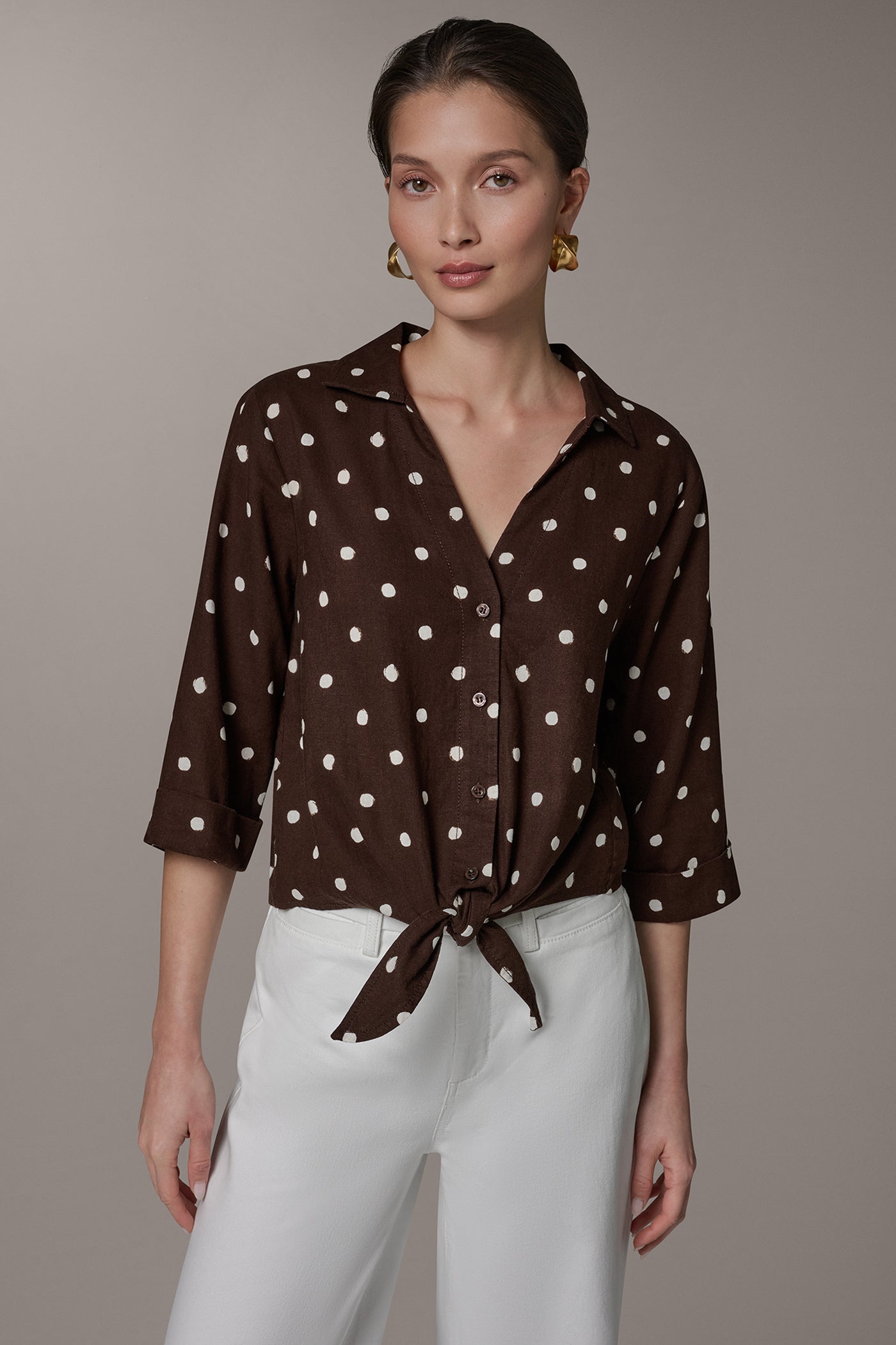 ELBOW SLEEVE POLKA DOT TIE FRONT BLOUSE