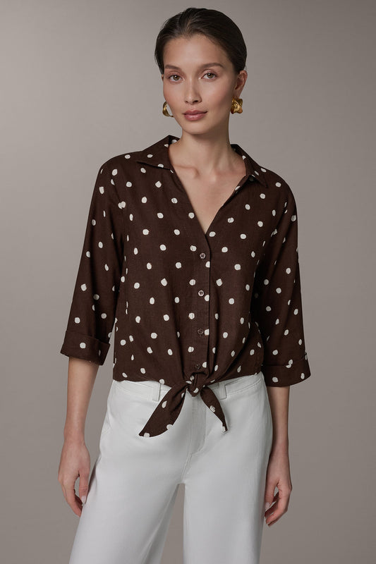 ELBOW SLEEVE POLKA DOT TIE FRONT BLOUSE