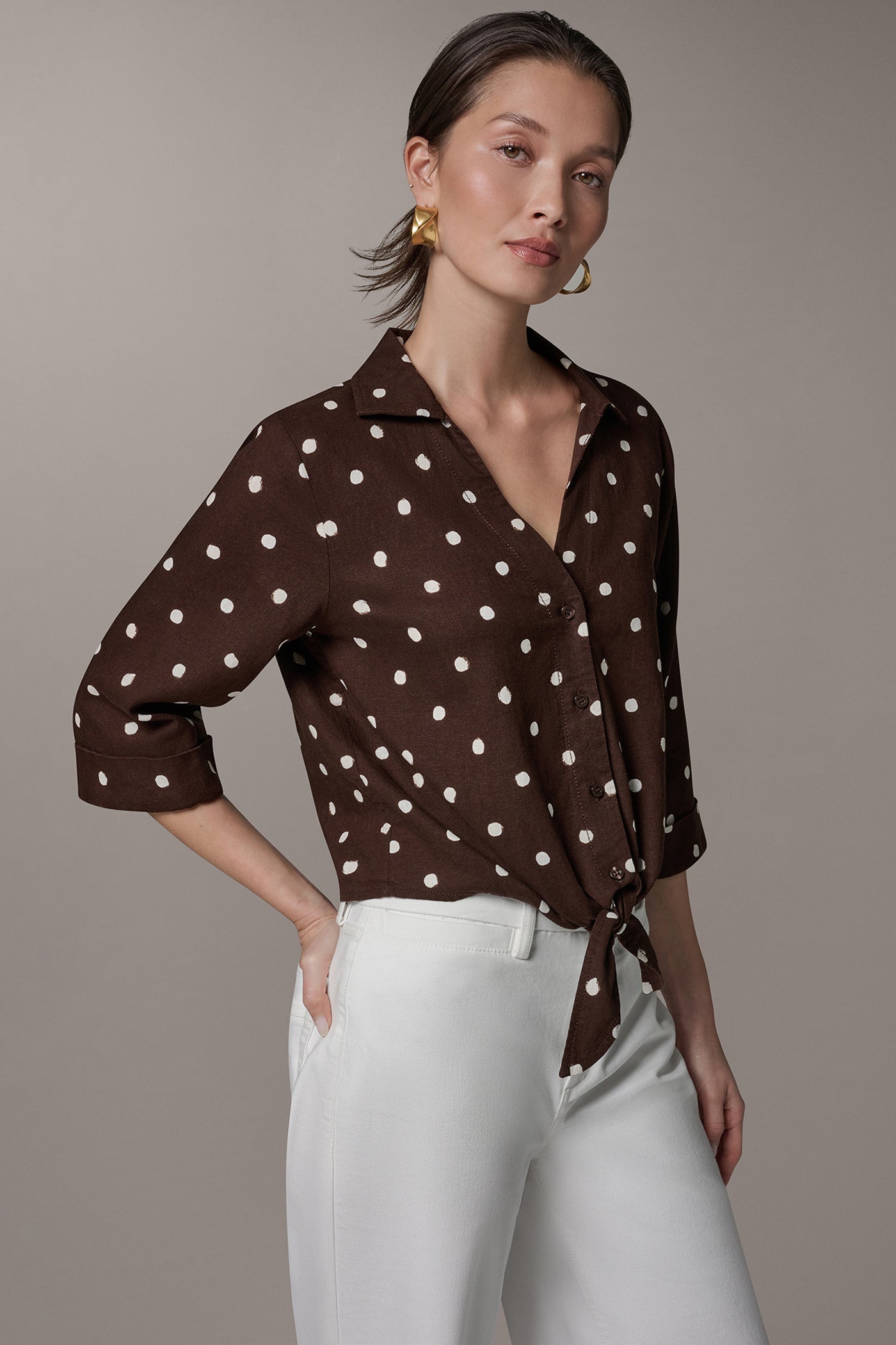 ELBOW SLEEVE POLKA DOT TIE FRONT BLOUSE