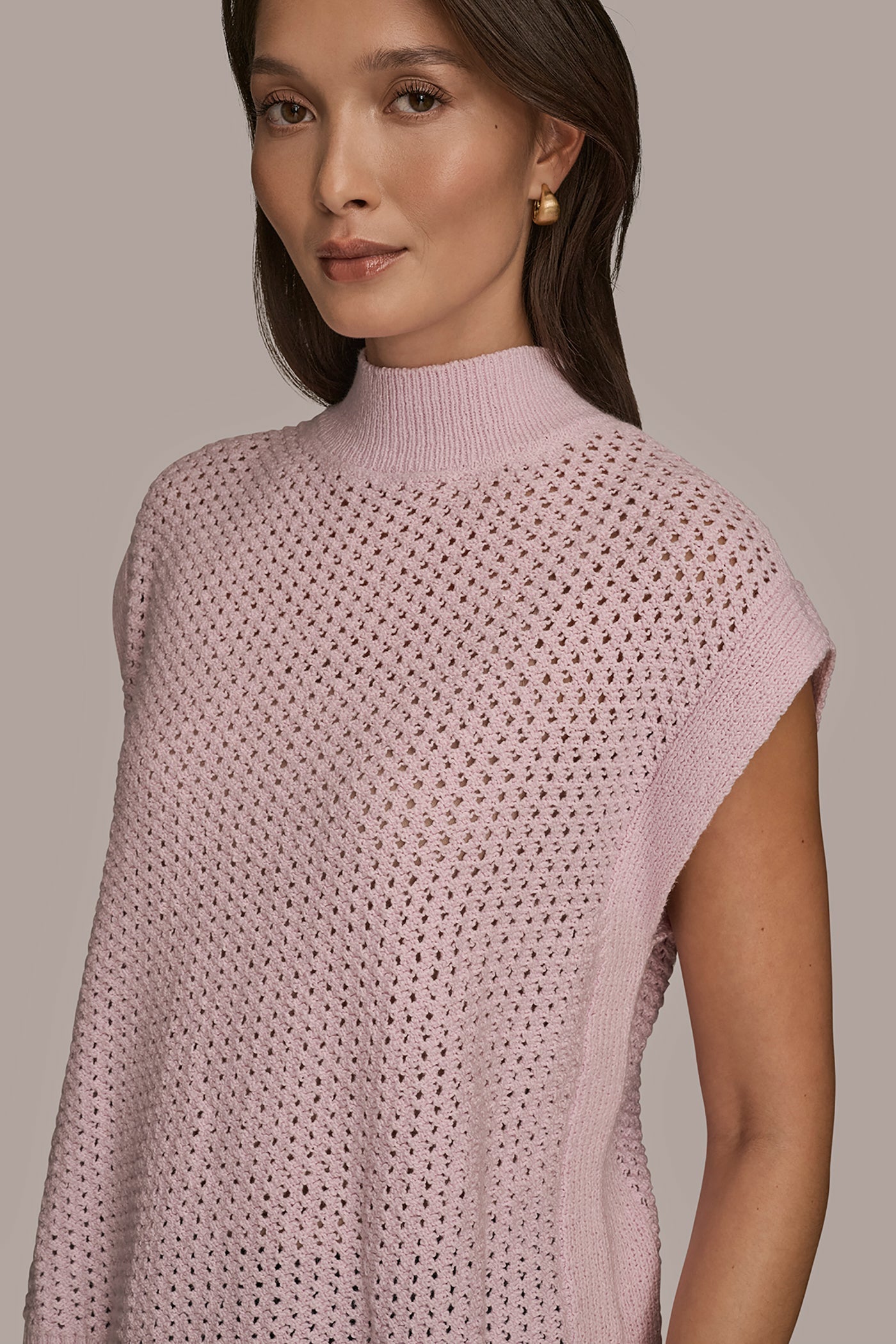 SLEEVELESS MOCK-NECK OPEN STITCH SWEATER